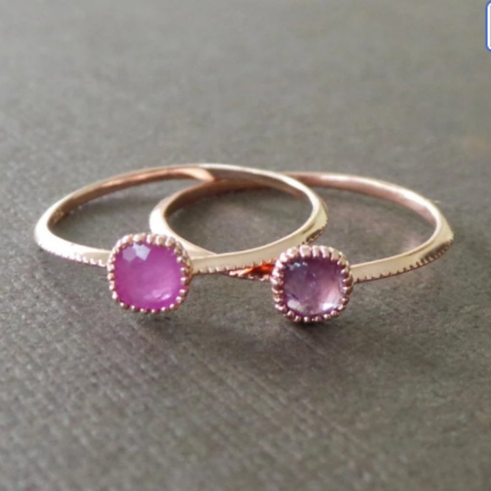 Petite Square Pink Sapphire 22k Rose Gold Vermeil Stacking Birthstone Ring